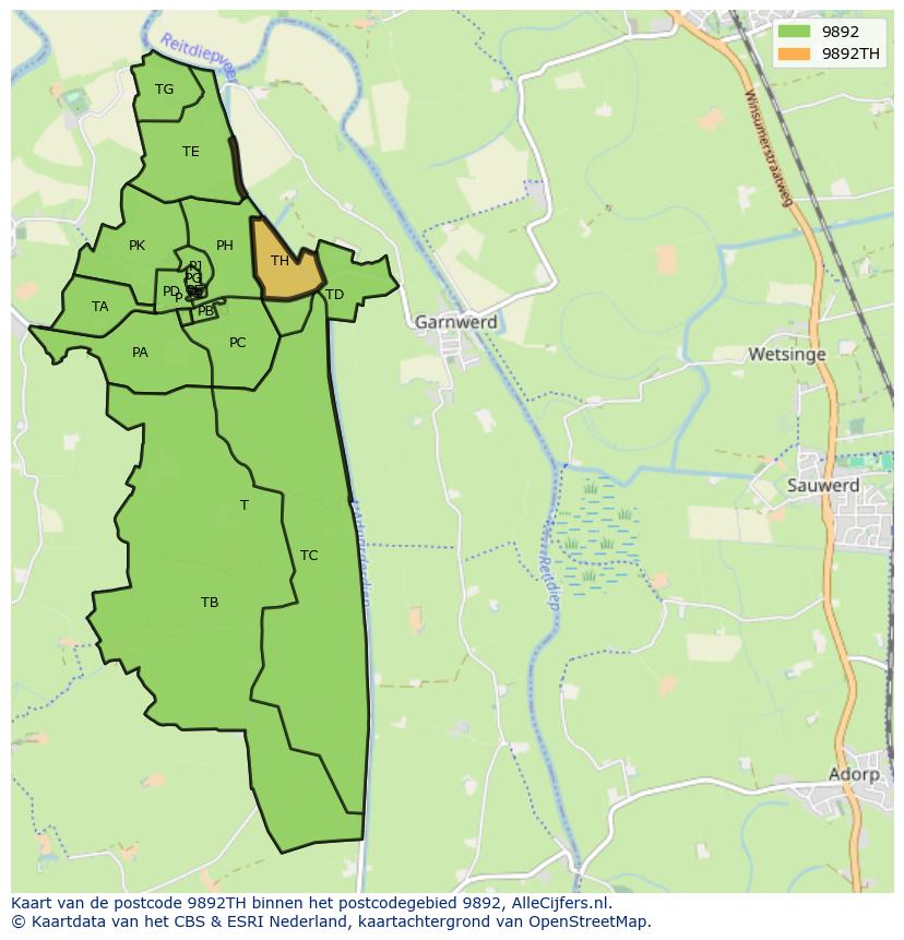 Afbeelding van het postcodegebied 9892 TH op de kaart.