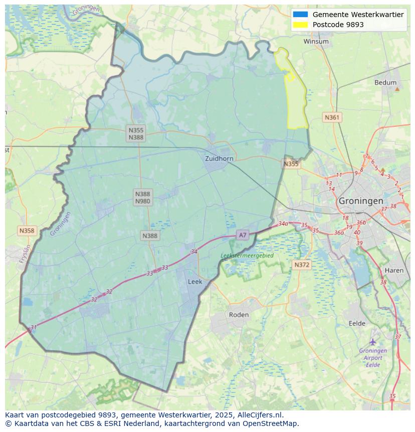Afbeelding van het postcodegebied 9893 op de kaart.