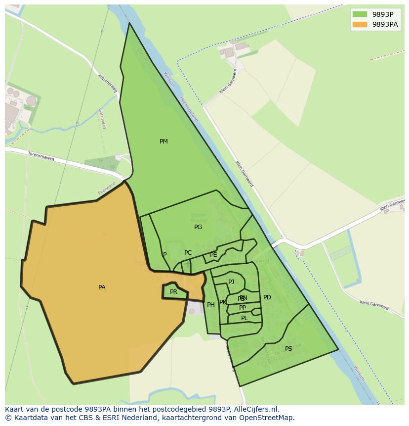 Afbeelding van het postcodegebied 9893 PA op de kaart.