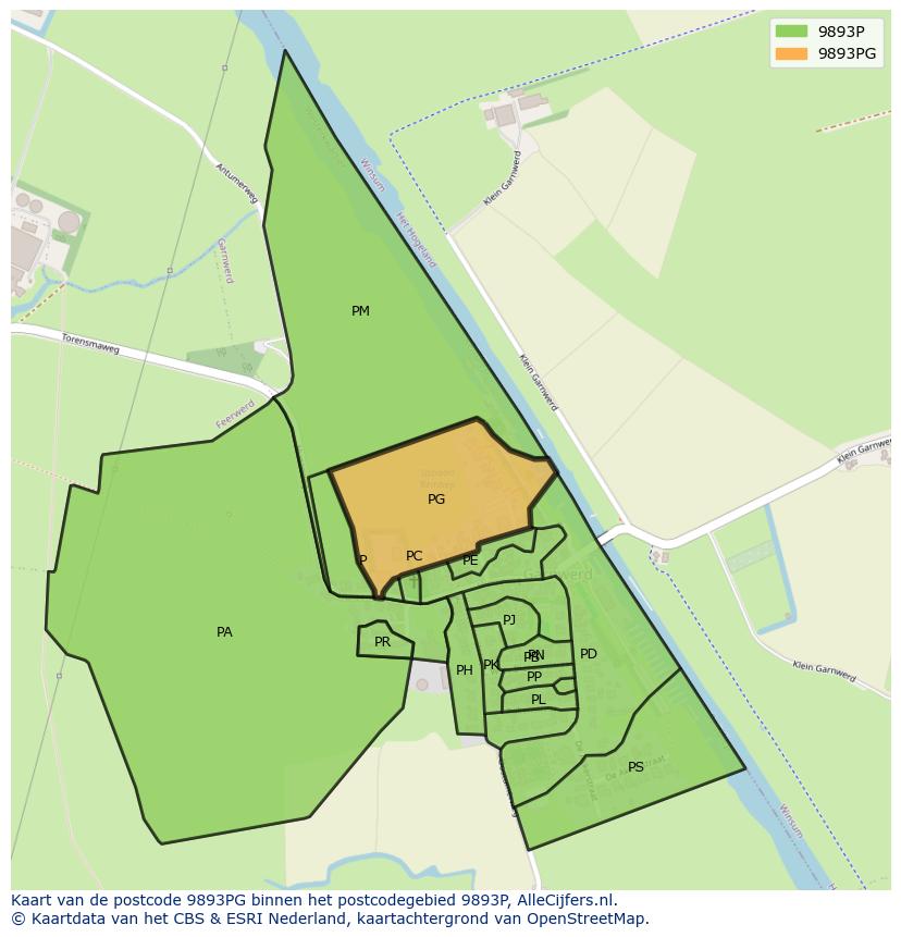 Afbeelding van het postcodegebied 9893 PG op de kaart.