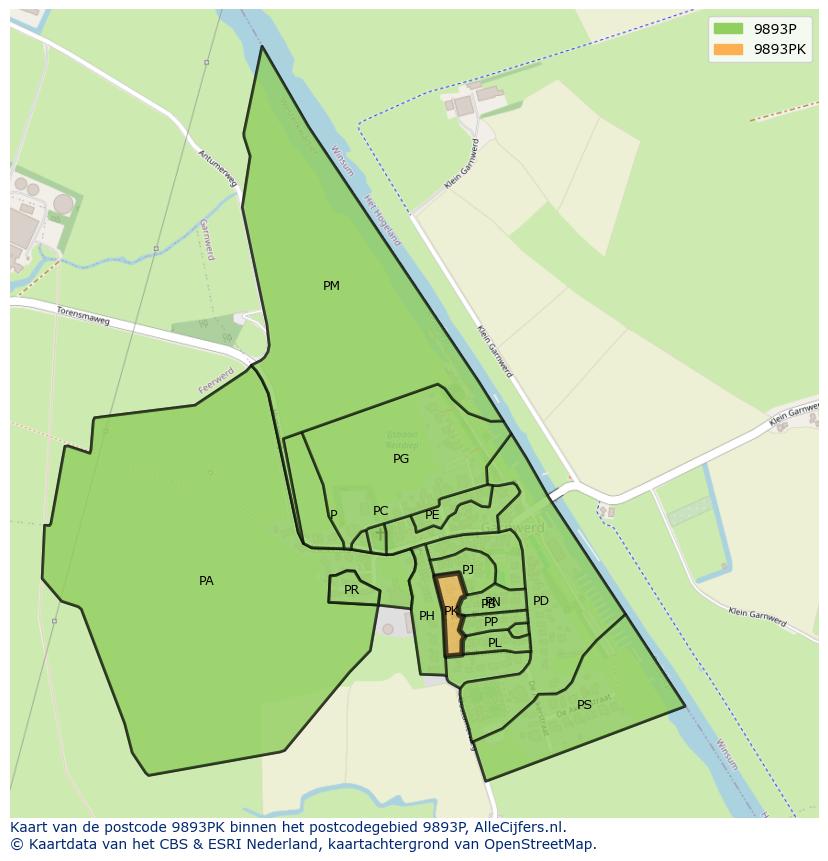 Afbeelding van het postcodegebied 9893 PK op de kaart.