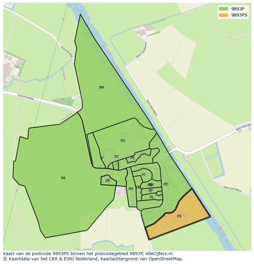 Afbeelding van het postcodegebied 9893 PS op de kaart.