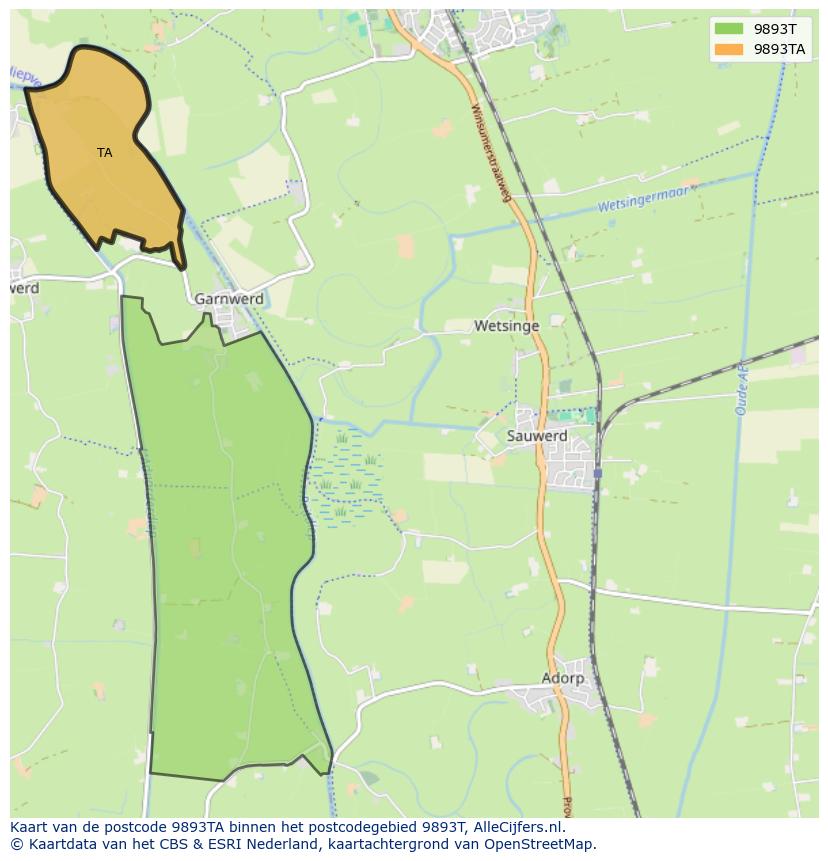 Afbeelding van het postcodegebied 9893 TA op de kaart.