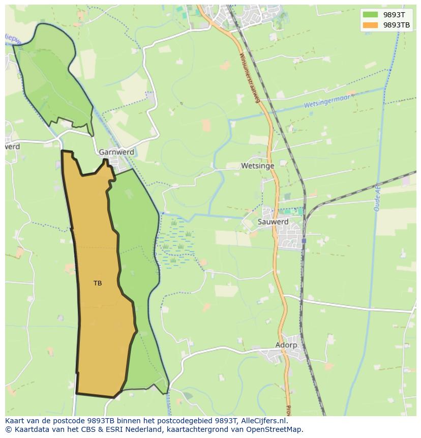 Afbeelding van het postcodegebied 9893 TB op de kaart.