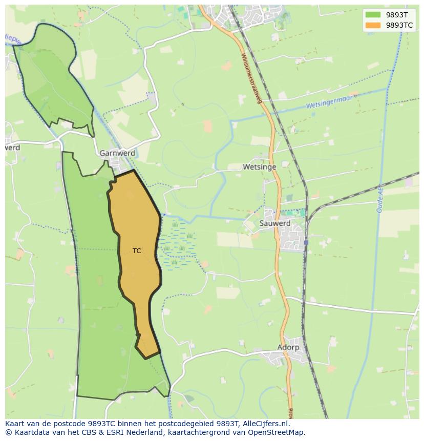 Afbeelding van het postcodegebied 9893 TC op de kaart.