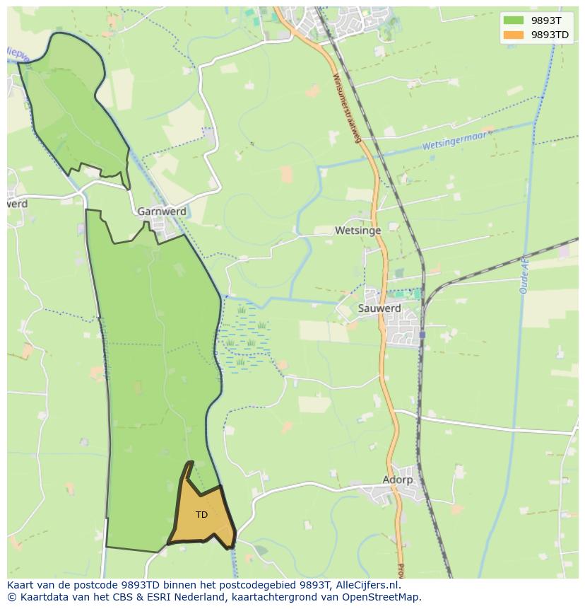 Afbeelding van het postcodegebied 9893 TD op de kaart.