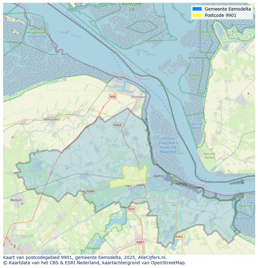 Afbeelding van het postcodegebied 9901 op de kaart.