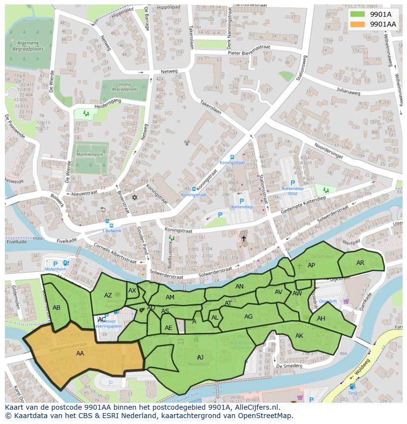 Afbeelding van het postcodegebied 9901 AA op de kaart.