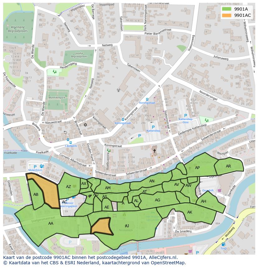 Afbeelding van het postcodegebied 9901 AC op de kaart.