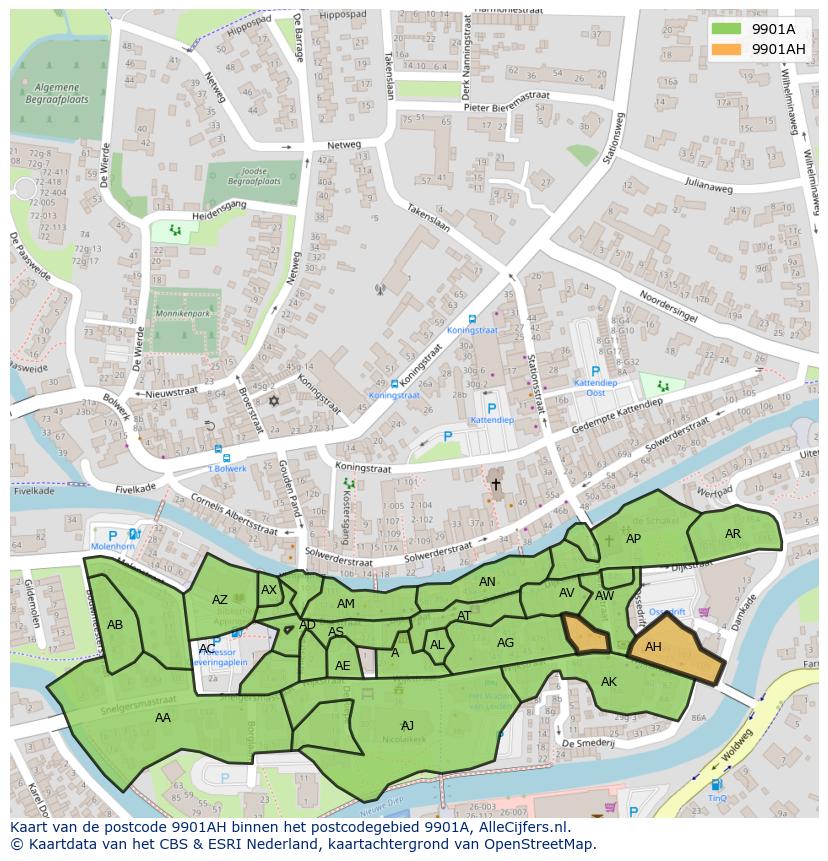 Afbeelding van het postcodegebied 9901 AH op de kaart.