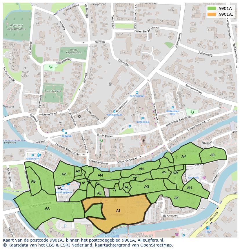 Afbeelding van het postcodegebied 9901 AJ op de kaart.