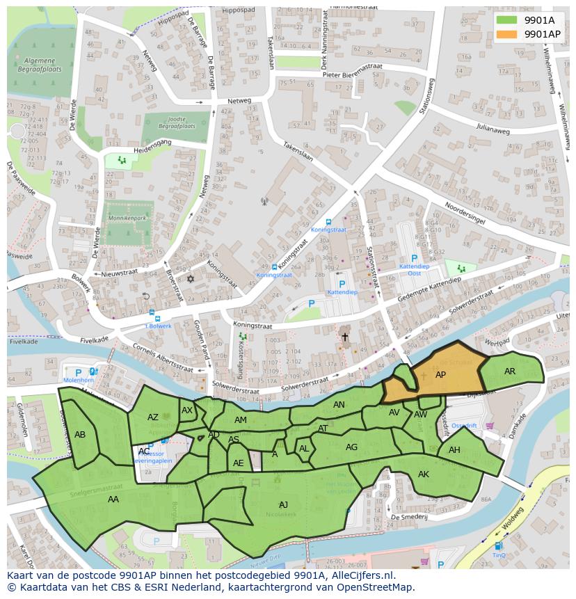 Afbeelding van het postcodegebied 9901 AP op de kaart.