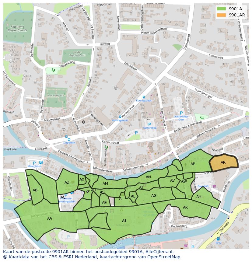 Afbeelding van het postcodegebied 9901 AR op de kaart.