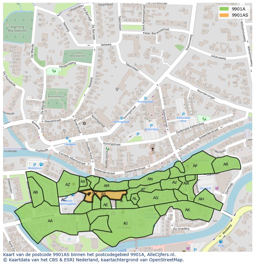 Afbeelding van het postcodegebied 9901 AS op de kaart.