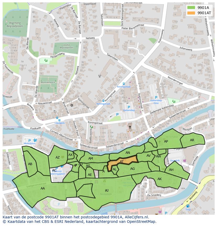 Afbeelding van het postcodegebied 9901 AT op de kaart.