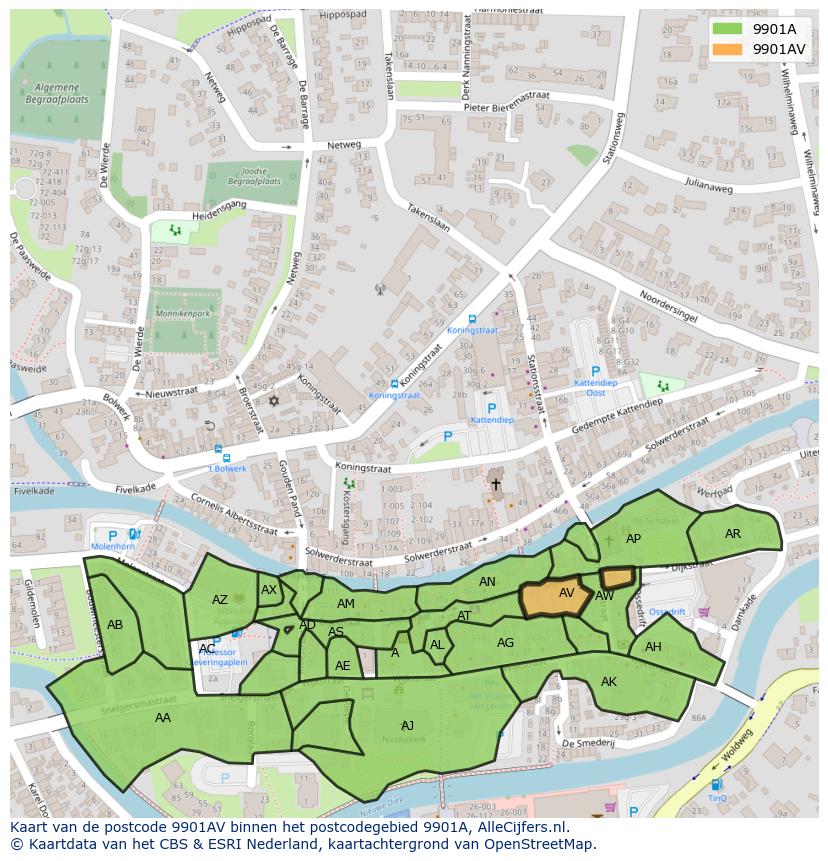 Afbeelding van het postcodegebied 9901 AV op de kaart.