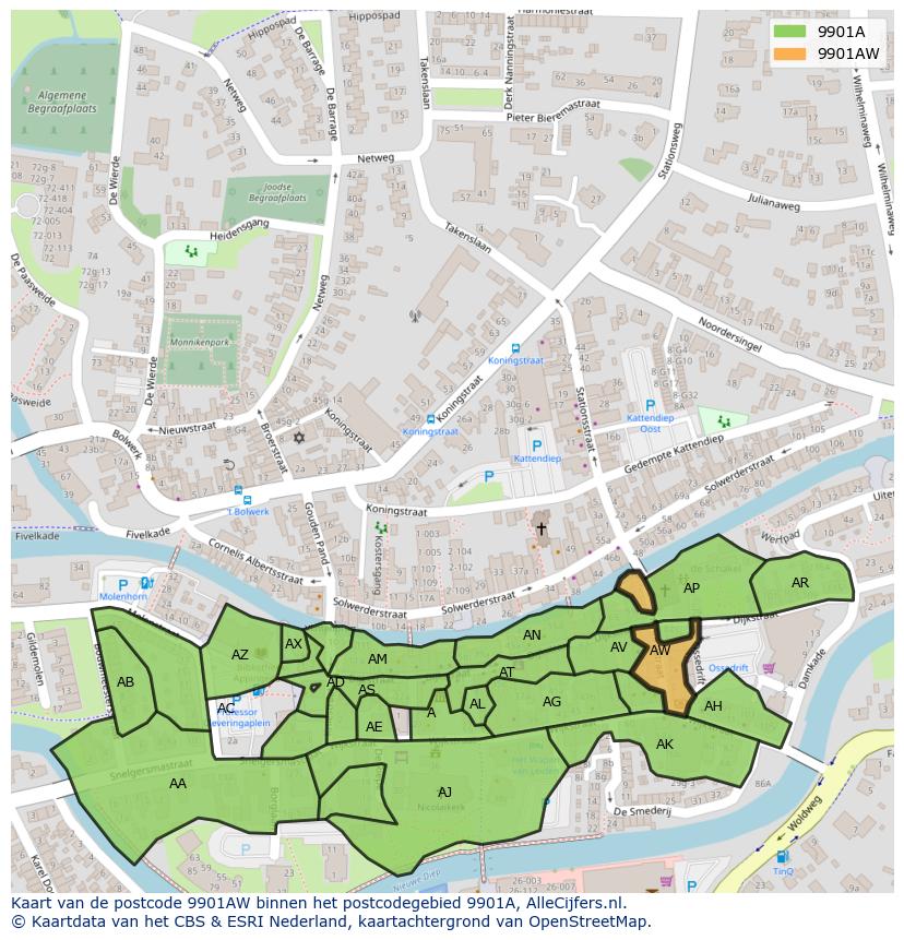 Afbeelding van het postcodegebied 9901 AW op de kaart.
