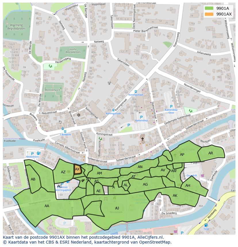 Afbeelding van het postcodegebied 9901 AX op de kaart.