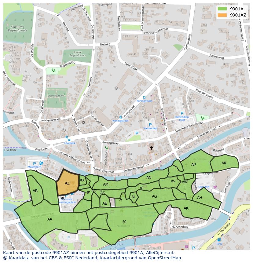 Afbeelding van het postcodegebied 9901 AZ op de kaart.