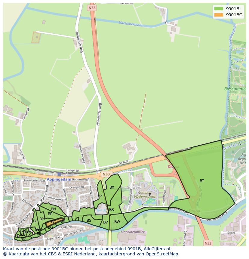 Afbeelding van het postcodegebied 9901 BC op de kaart.