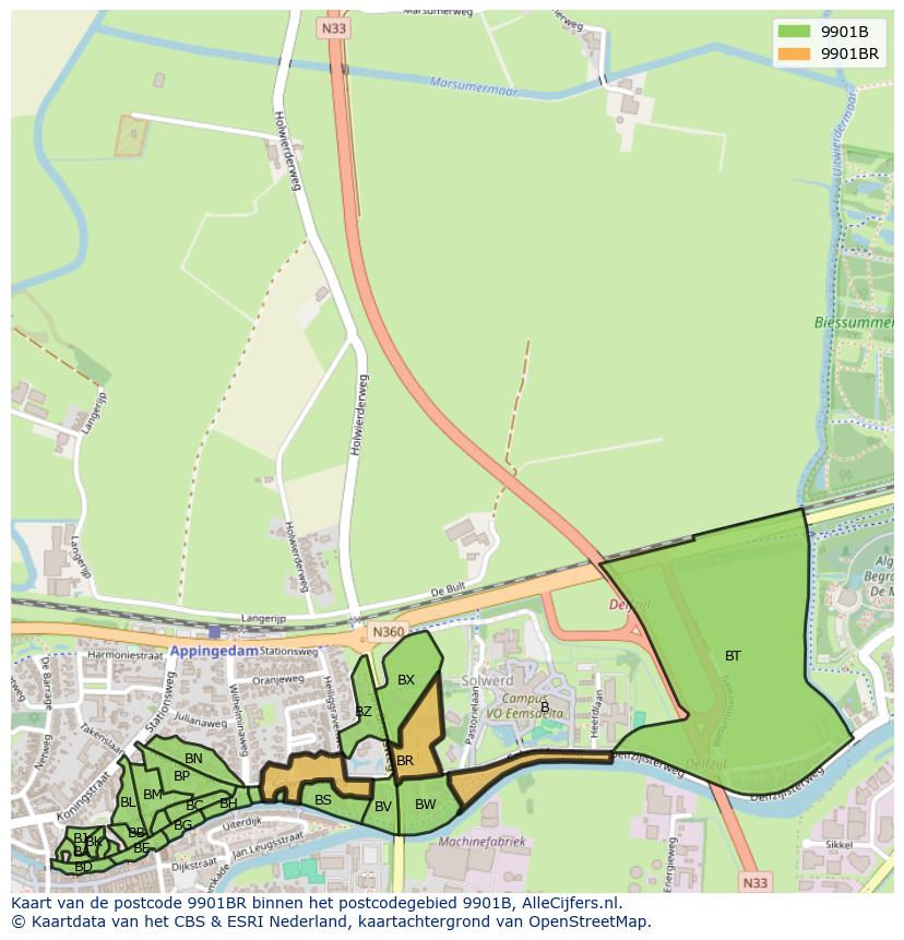 Afbeelding van het postcodegebied 9901 BR op de kaart.