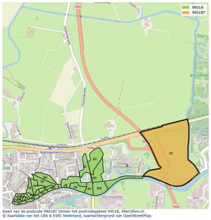 Afbeelding van het postcodegebied 9901 BT op de kaart.