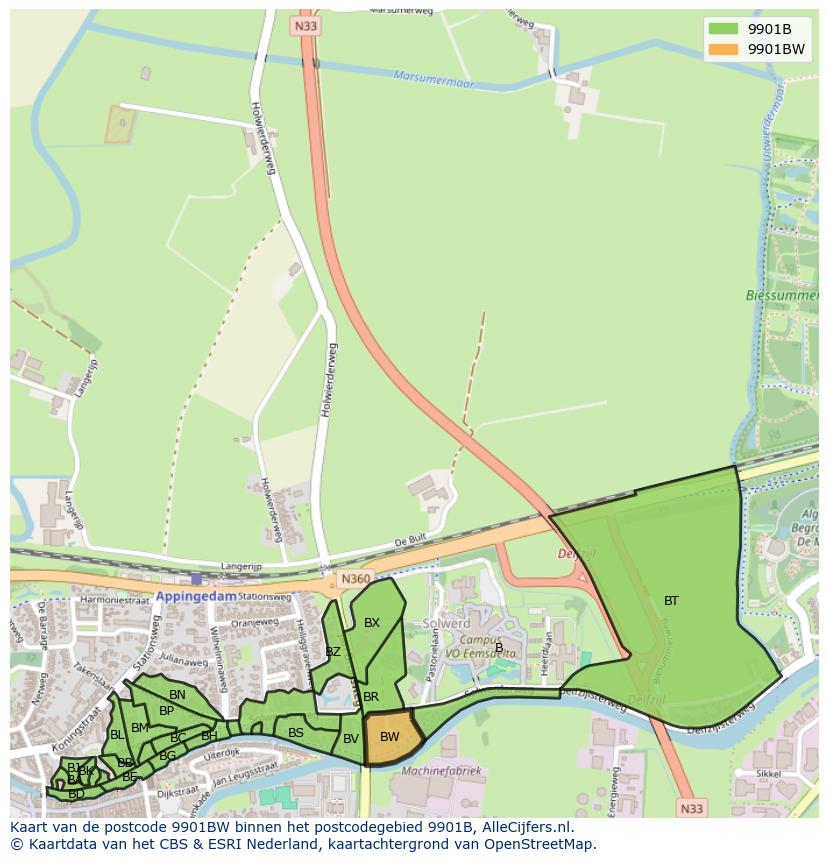 Afbeelding van het postcodegebied 9901 BW op de kaart.