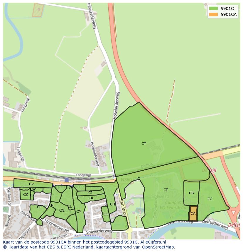 Afbeelding van het postcodegebied 9901 CA op de kaart.
