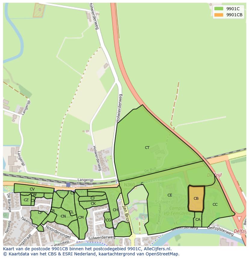 Afbeelding van het postcodegebied 9901 CB op de kaart.