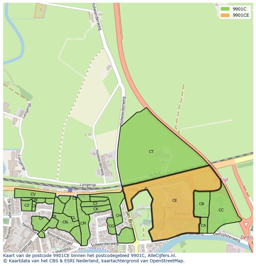Afbeelding van het postcodegebied 9901 CE op de kaart.