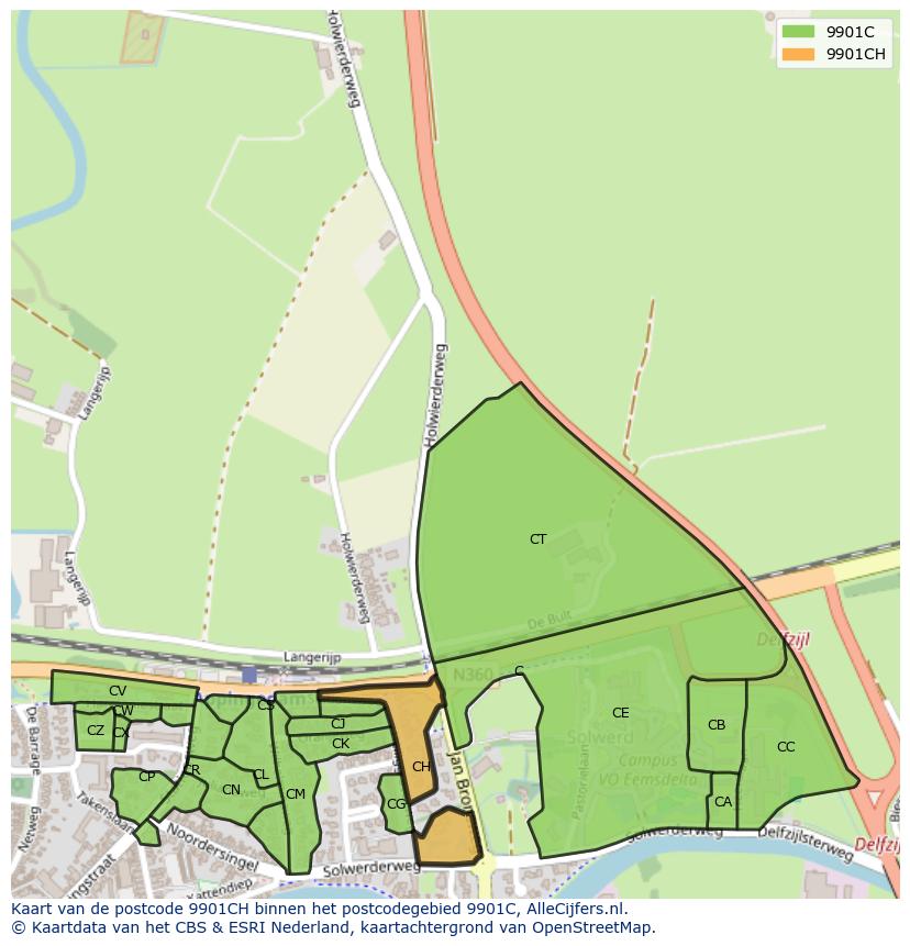 Afbeelding van het postcodegebied 9901 CH op de kaart.