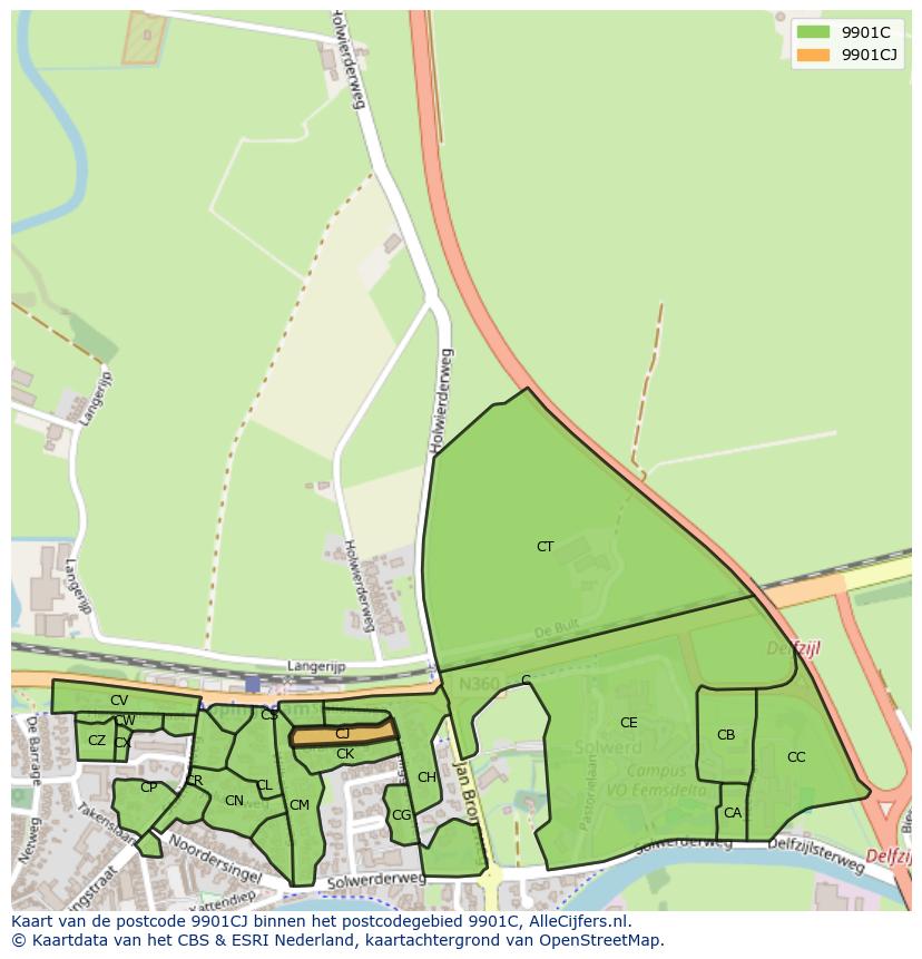 Afbeelding van het postcodegebied 9901 CJ op de kaart.