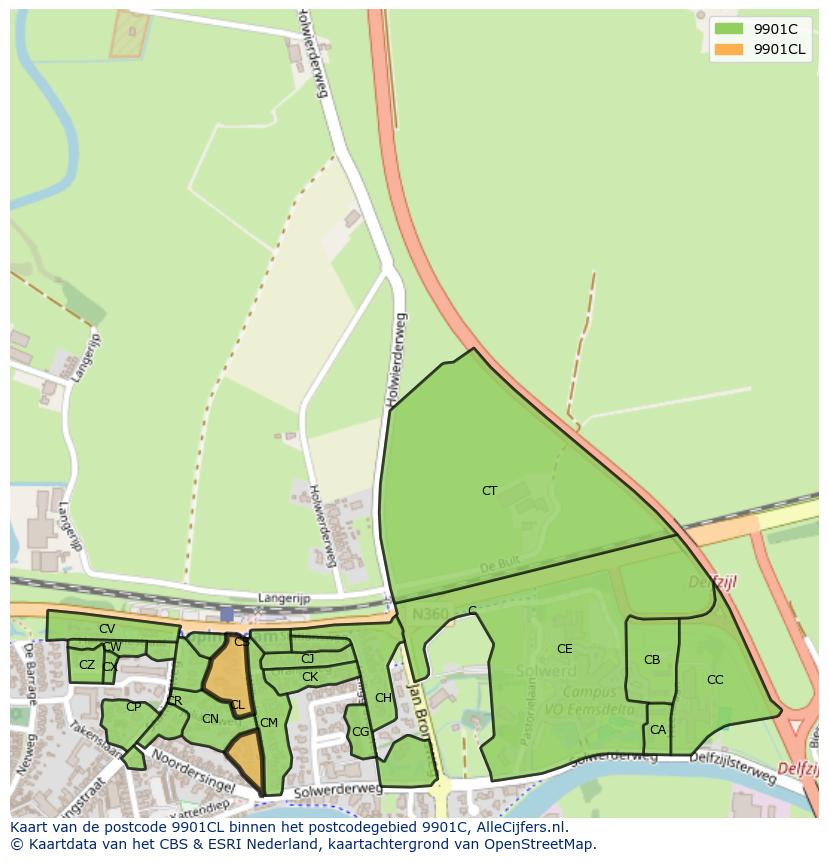 Afbeelding van het postcodegebied 9901 CL op de kaart.