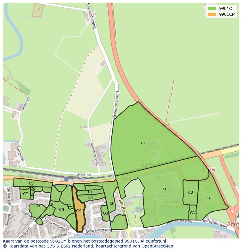 Afbeelding van het postcodegebied 9901 CM op de kaart.