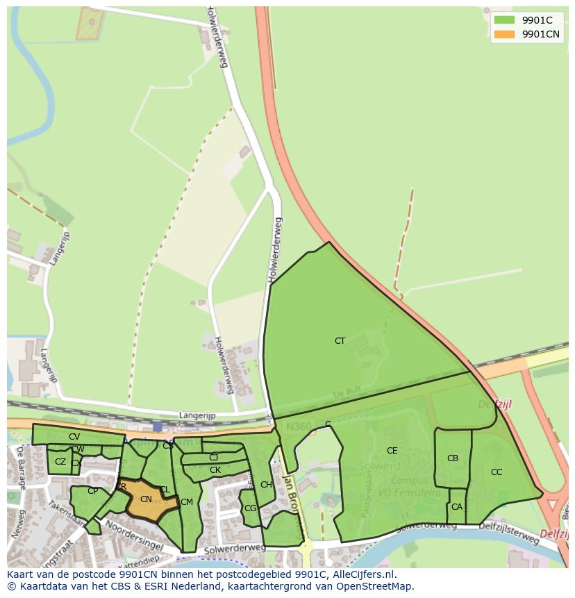 Afbeelding van het postcodegebied 9901 CN op de kaart.