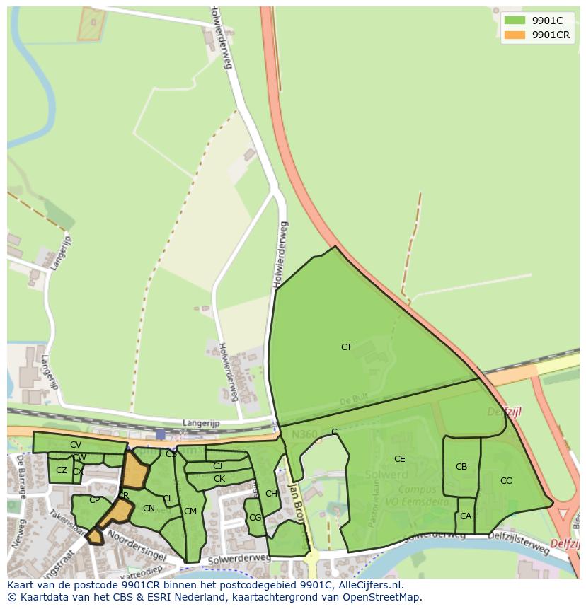 Afbeelding van het postcodegebied 9901 CR op de kaart.