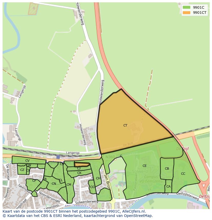 Afbeelding van het postcodegebied 9901 CT op de kaart.
