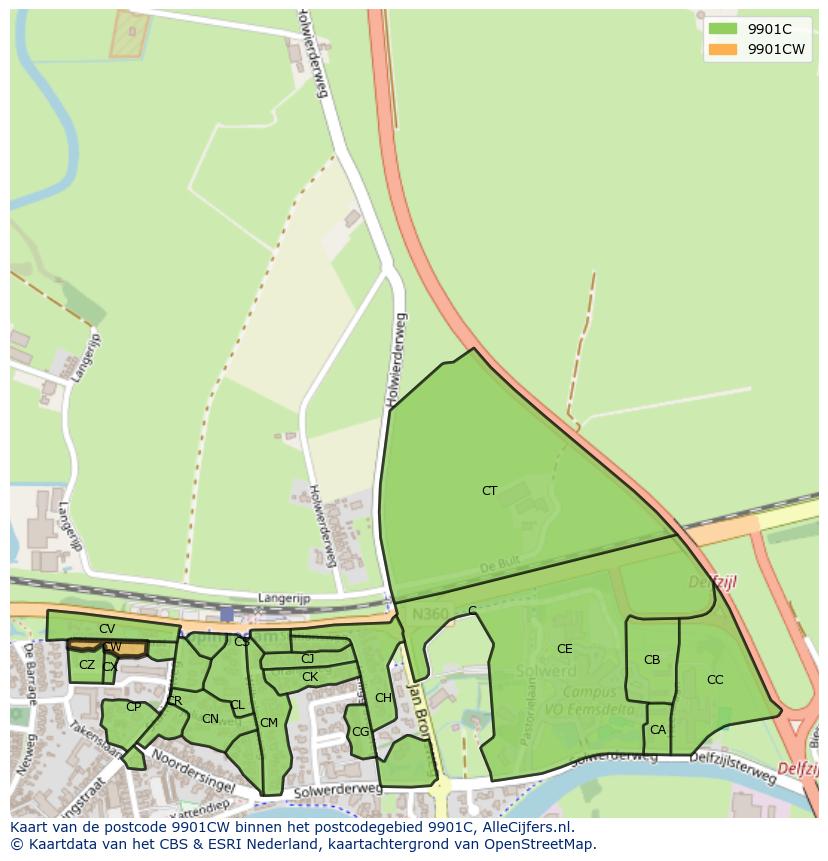 Afbeelding van het postcodegebied 9901 CW op de kaart.