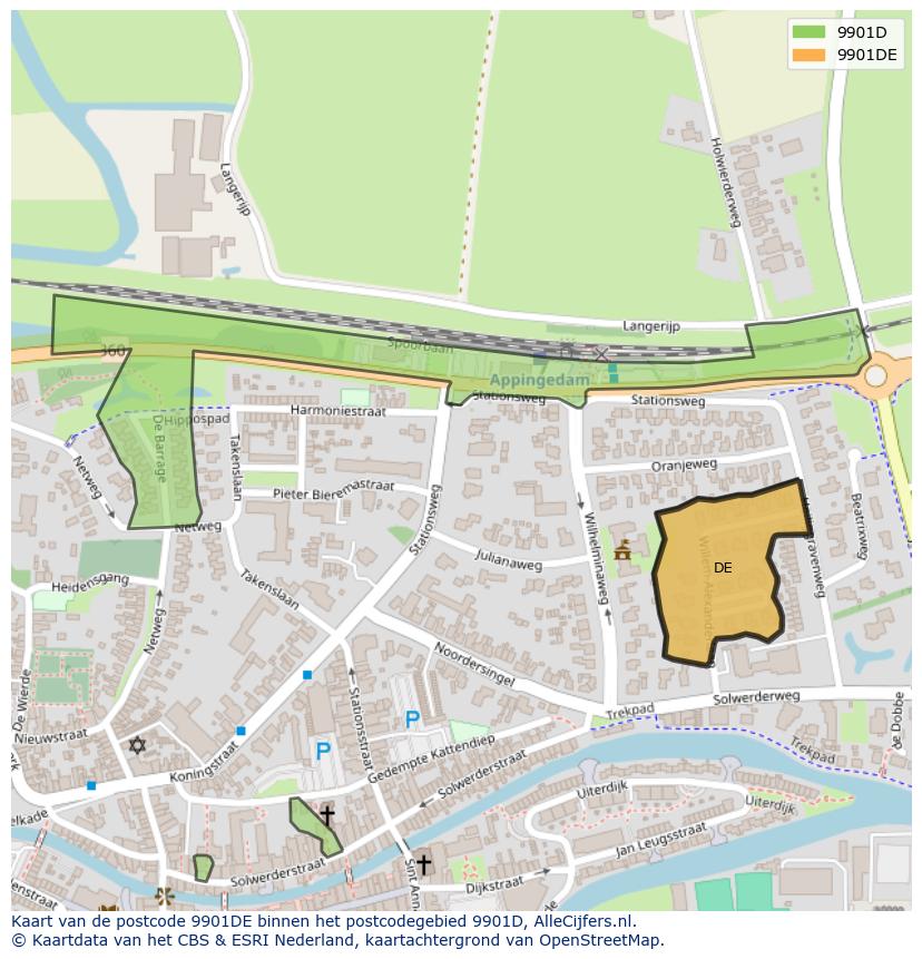 Afbeelding van het postcodegebied 9901 DE op de kaart.