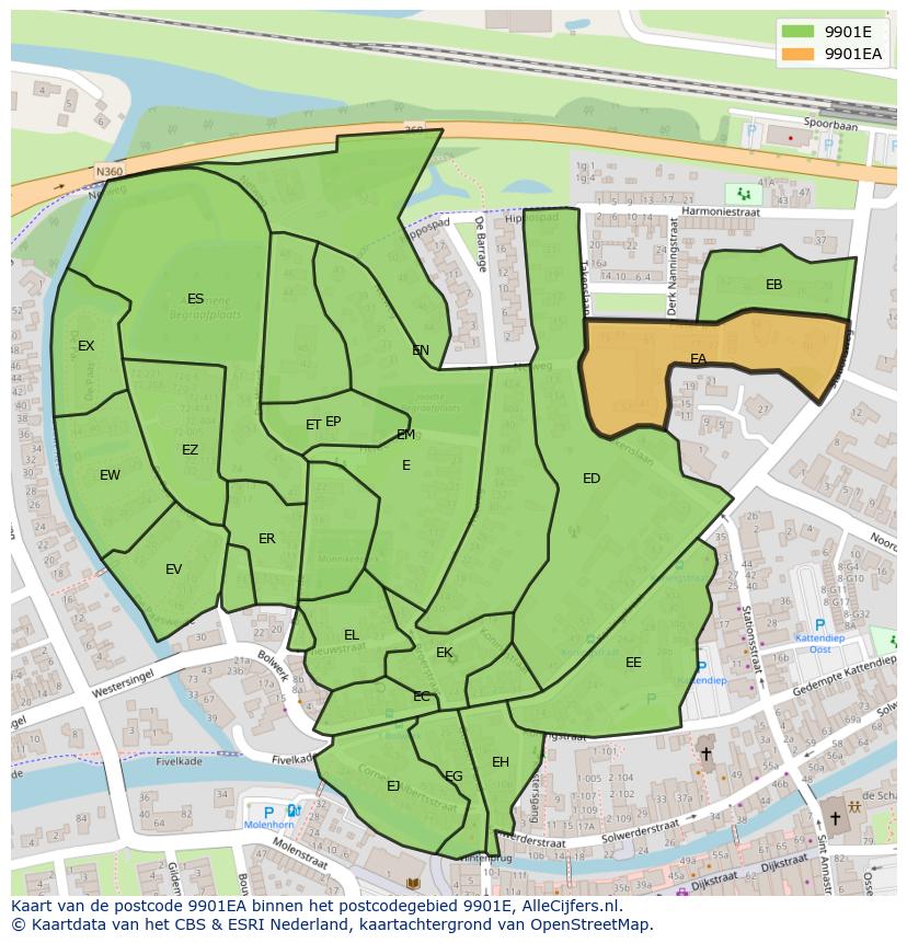 Afbeelding van het postcodegebied 9901 EA op de kaart.