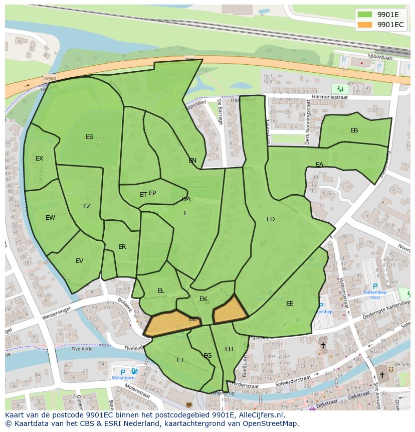Afbeelding van het postcodegebied 9901 EC op de kaart.