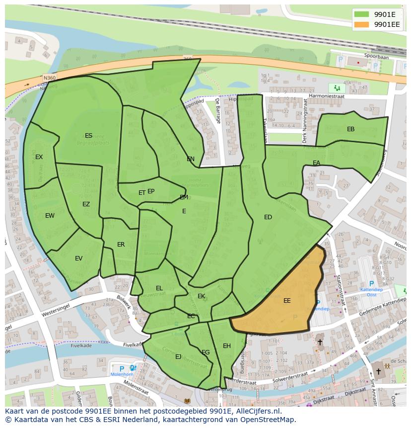 Afbeelding van het postcodegebied 9901 EE op de kaart.