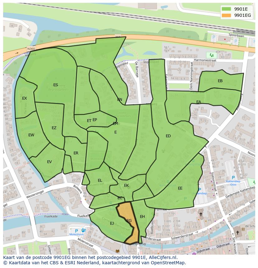 Afbeelding van het postcodegebied 9901 EG op de kaart.