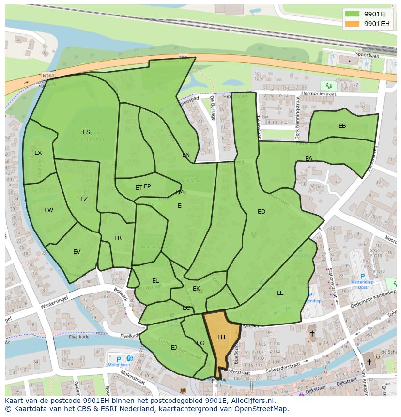 Afbeelding van het postcodegebied 9901 EH op de kaart.