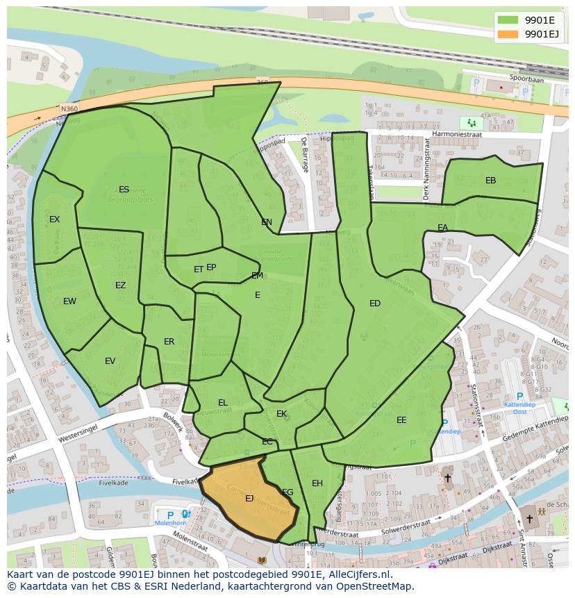 Afbeelding van het postcodegebied 9901 EJ op de kaart.
