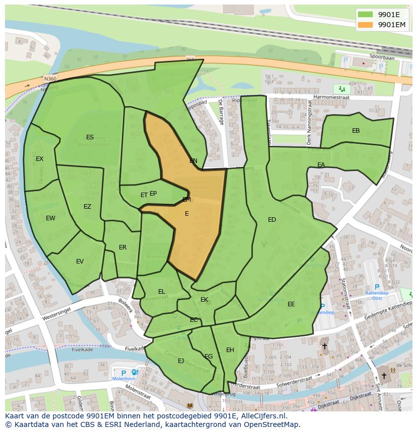Afbeelding van het postcodegebied 9901 EM op de kaart.