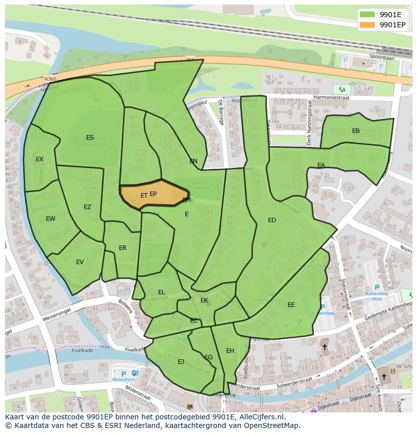 Afbeelding van het postcodegebied 9901 EP op de kaart.