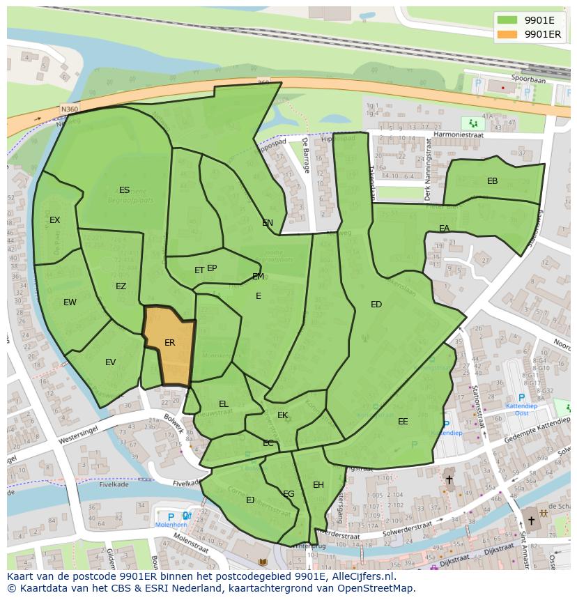 Afbeelding van het postcodegebied 9901 ER op de kaart.