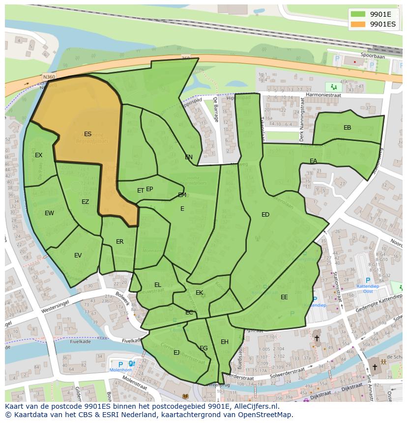 Afbeelding van het postcodegebied 9901 ES op de kaart.