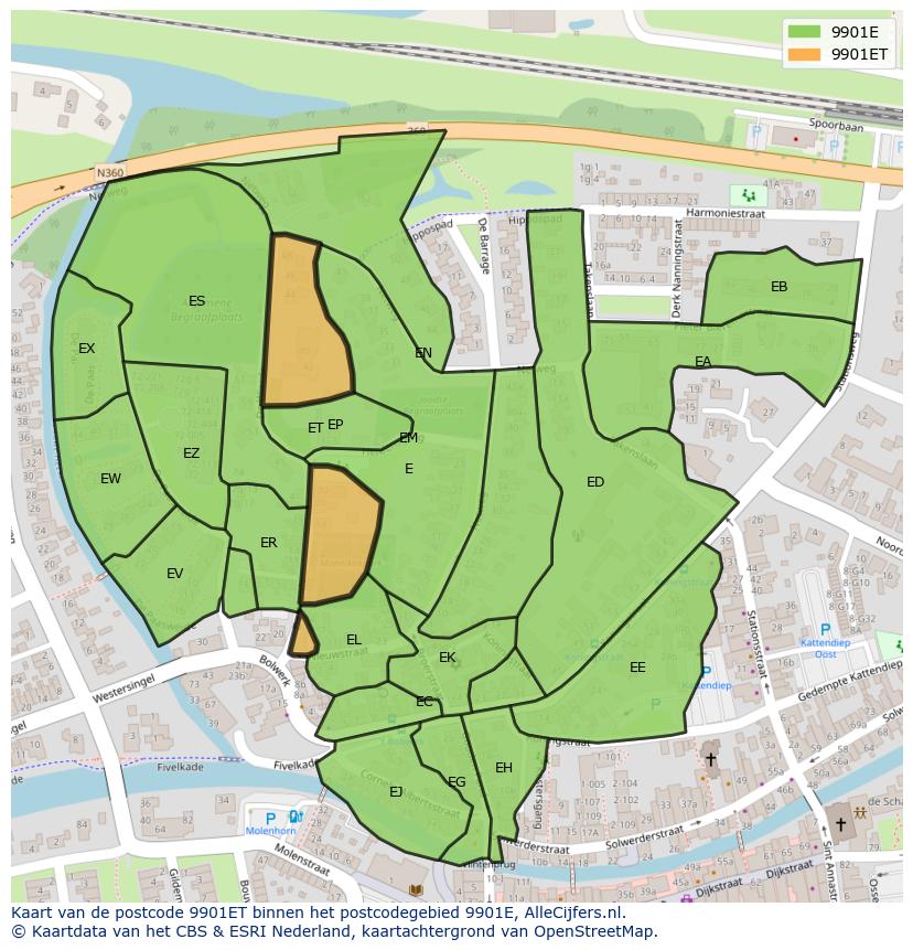 Afbeelding van het postcodegebied 9901 ET op de kaart.